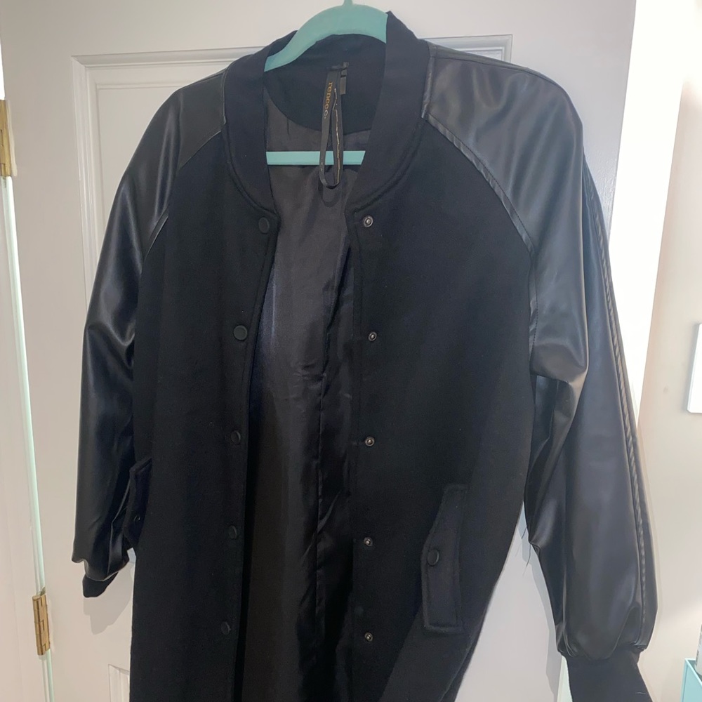Black oversized bomber jacket with faux leather